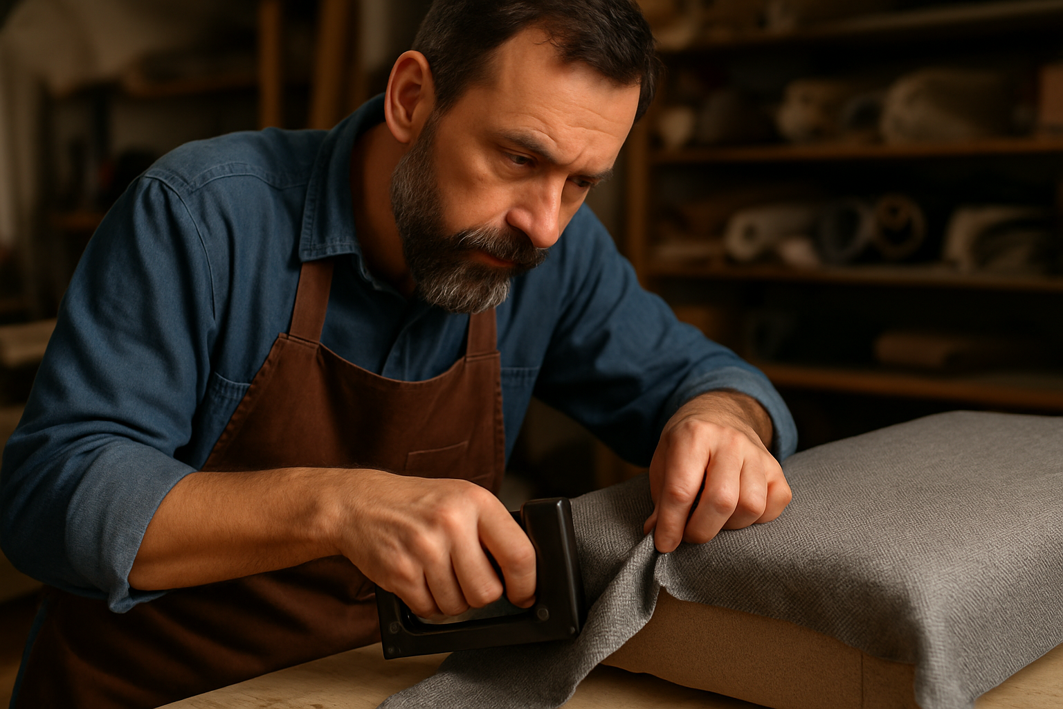 Skilled upholsterer working on a fabric project